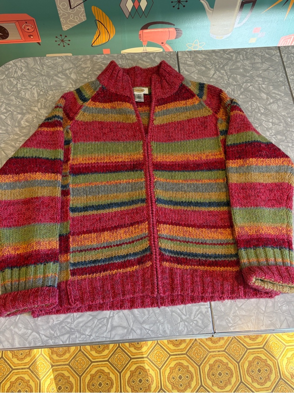 Vintage Talbots Striped Multi-Color Zip-Up Wool Sweater.